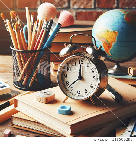 3D black alarm clock, brown book, blue pen, red apple stand horizontally in a line on a light blue background 116500299