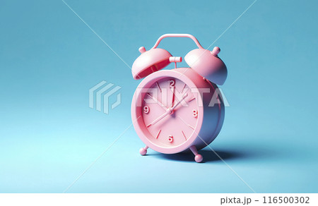 3d pink clock isolated on blue background. banner with place for text 116500302