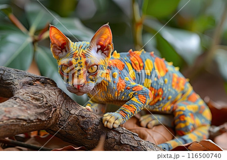 Cat-Chameleon Hybrid (Camo-Cat): This mischievous explorer combines feline agility with the ability to blend into any background Cat-Chameleon Hybrid (Camo-Cat): This mischievous explorer combines feline agility with the ability to blend into any background 116500740
