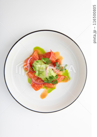 Salmon and avocado salad. Avocado puree. Healthy food. An isolated object.Photo on a white background for the menu.Vertical photo.Flat lay.Top view.Copy space. Salmon and avocado salad. Avocado puree. Healthy food. An isolated object.Photo on a white background for the menu.Vertical photo.Flat lay.Top view.Copy space. 116500805