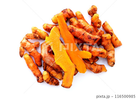 Turmeric roots on white background. Turmeric roots on white background. 116500985