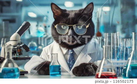 研究室で実験を行う黒猫 116502175