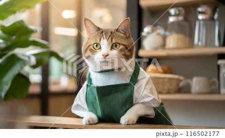 カフェで働くアルバイトの店員猫 116502177