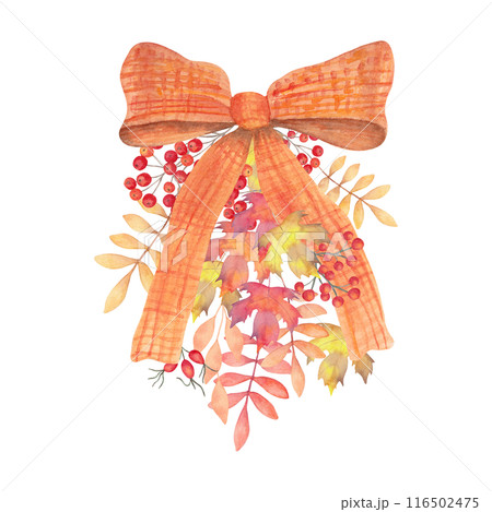 Orange bow with red rose hips, rowan berries and maple leaves. Botanical composition watercolor illustration. Hand drawn isolated art. Autumn bouquet for the holidays Thanksgiving, Halloween. 116502475