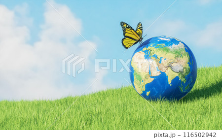Earth globe and butterfly on green grass with blue sky. Eco concept. 3d rendering 116502942