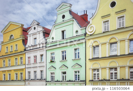 Facades of old houses in the market square in Boleslawiec, Poland. 116503064