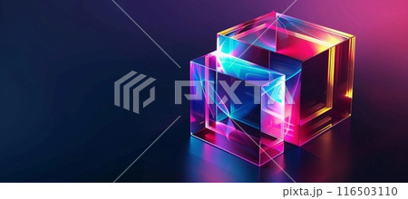 holographic 3D cube on dark background, neon...のイラスト素材 [116503110] - PIXTA