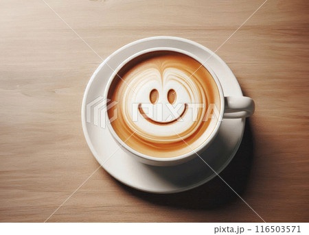 A white cup of cappuccino on a wooden background with foam in the form of a funny smiley face 116503571