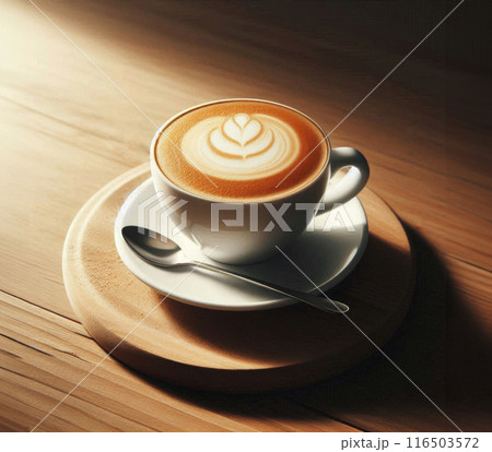 A white cup of cappuccino on a wooden background with appetizing foam. Photo for a menu in a cafe or restaurant 116503572