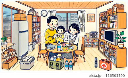 家族で防災準備をする日常風景のイラスト 116503590