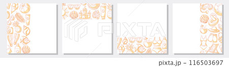 Set of summer minimalist square card, monochrome orange beach elements, accessories icons. Left, right side, upper, bottom border frame, copy space, isolated on white. For banner, invitation, poster Set of summer minimalist square card, monochrome orange beach elements, accessories icons. Left, right side, upper, bottom border frame, copy space, isolated on white. For banner, invitation, poster 116503697