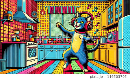 キッチンで音楽を聴きながら踊る猫 ポップな感じ キッチンで音楽を聴きながら踊る猫 ポップな感じ 116503795
