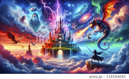 オーロラが舞う夜空を背景に火を吹くドラゴンに戦いを挑む男性。ファンタジーイラスト 116504085