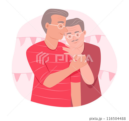 Senior Gay Men Couple Falling in Love for LGBT Concept Illustration 116504488