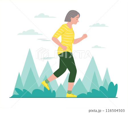 Elderly Woman Exercise by Jogging in Public Park 116504503