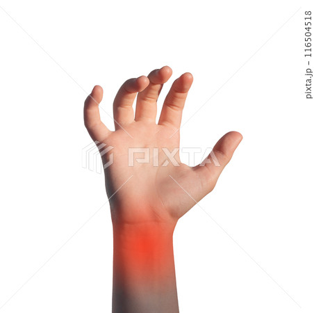 Wrist ache, pain, strain, trauma and injury. Kids hand, isolated on white background Wrist ache, pain, strain, trauma and injury. Kids hand, isolated on white background 116504518