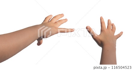 Kids hand gestures, stretching forward to catch, take something invisible. Fingers motion isolated 116504523