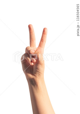 Kids hand gesture, V sign for victory, win, two fingers up isolated on white background. 116504565