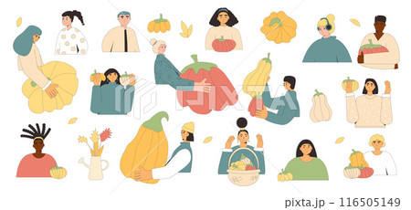 People with pumpkins set. Autumn ripe vegetables harvest characters. Vector outline illustration isolated on white background. 116505149