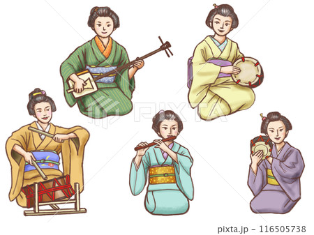芸者5人囃子 笛 太鼓 三味線 手描きイラスト 芸者5人囃子 笛 太鼓 三味線 手描きイラスト 116505738