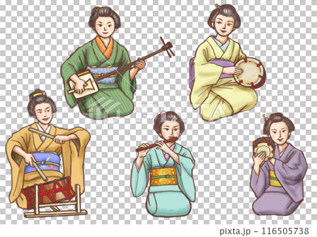 芸者5人囃子 笛 太鼓 三味線 手描きイラスト 芸者5人囃子 笛 太鼓 三味線 手描きイラスト 116505738