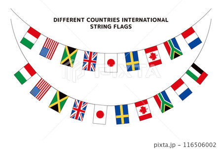 紐のたるみ方が異なった万国旗のイラストセット、世界各国の国旗が連なった輪郭線ありのイラスト。 116506002