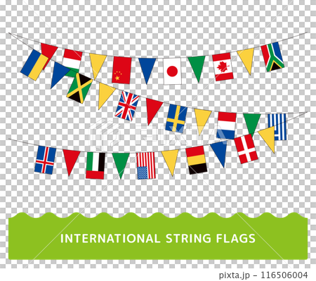 對角線重疊的國旗和彩色三角旗、帶有線條的國際國旗花環的插圖。 116506004
