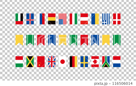 さまざまな国の国旗バナーとカラフルなガーランドのイラストセット。輪郭線なしの連なった国際旗。 116506014