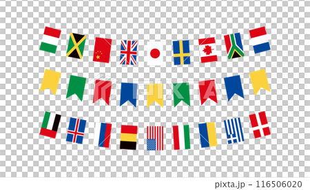 Illustration set of flag banners and colorful garlands from countries around the world. International flags lined up without main lines. 116506020
