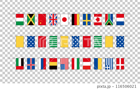世界各国の国旗バナーとカラフルな四角いガーランドのイラストセット。主線ありの連なった国際旗。 世界各国の国旗バナーとカラフルな四角いガーランドのイラストセット。主線ありの連なった国際旗。 116506021