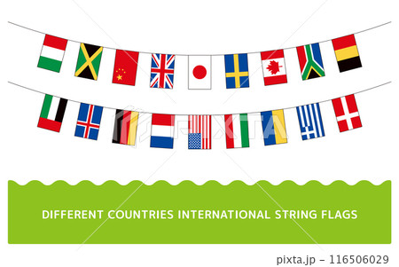 世界のさまざまな国旗バナー、連なった国旗のガーランドの主線ありのイラストセット。 世界のさまざまな国旗バナー、連なった国旗のガーランドの主線ありのイラストセット。 116506029