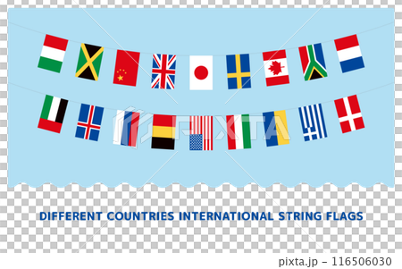 世界のさまざまな国旗バナー、連なった国旗のガーランドの主線なしのイラストセット。 116506030
