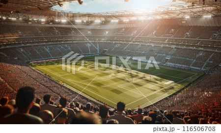 Soccer stadium packed with fans cheering for their team during an exciting championship match at sunset Soccer stadium packed with fans cheering for their team during an exciting championship match at sunset 116506708