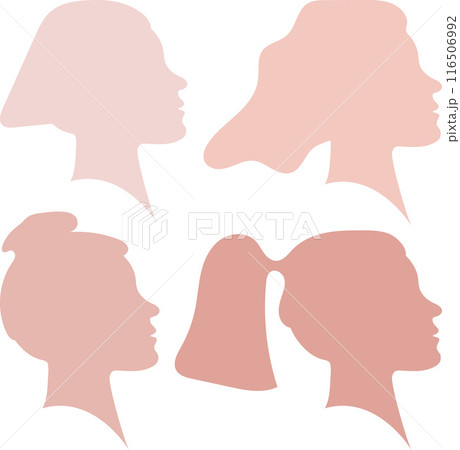 Silhouette of a female head with various hairstyles on an isolated background 116506992