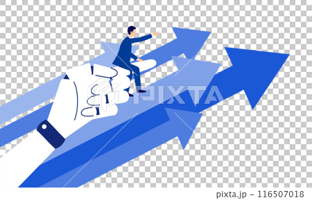 AIの指に乗るスーツのビジネスマン、人工知能のサポートで前進するフラットイラスト、ベクター 116507018