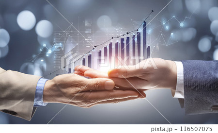 CG素材 上昇するグラフのホログラムを手のひらに乗せたビジネスマンのイメージ素材 CG素材 上昇するグラフのホログラムを手のひらに乗せたビジネスマンのイメージ素材 116507075
