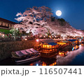 春のライトアップされた桜並木と満月と屋形船 116507441
