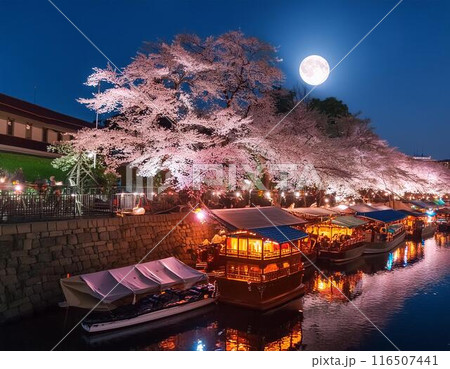 春のライトアップされた桜並木と満月と屋形船 116507441