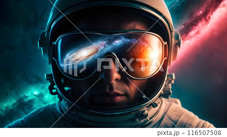 astronaut helmet, spaceman reflecting the colorful cosmos,galaxy and nebulae and stars,generative ai 116507508