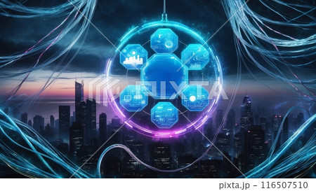 A futuristic cityscape with a glowing blue and purple circle in the center. 116507510