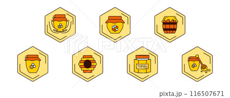 Set icon containers for honey, wooden honey dipper. Vector color pictogram. Glass jars honey. Spoon, barrel with honey. Set icon containers for honey, wooden honey dipper. Vector color pictogram. Glass jars honey. Spoon, barrel with honey. 116507671