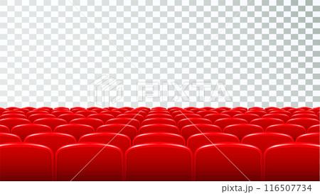 Rows of red cinema or theater seats in front of transparent background. Vector. 116507734