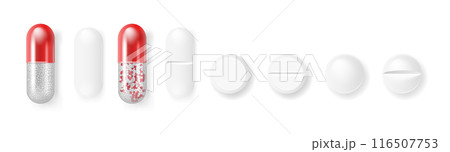 Pills and capsules Medicines tablets, capsules drug of painkillers, antibiotics vitamins. isolated on white background. Vector illustration 116507753