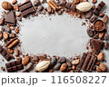 Chocolates and Cocoa Beans Circle on White. 116508227