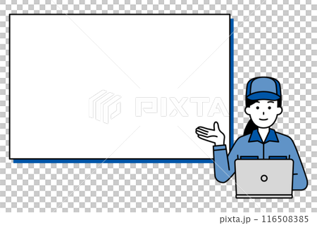 一位穿著工作服的女士在筆記型電腦上工作，在白板上解釋 116508385