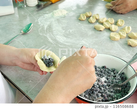 Women prepare dumplings with blueberries. One fills the rolled out dough with berries. Another rolls out the dough. Women prepare dumplings with blueberries. One fills the rolled out dough with berries. Another rolls out the dough. 116508688