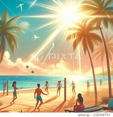暑い夏の日差しの下でビーチで遊ぶ青春 116508757
