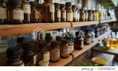 homeopathic laboratory, there are jars of medicines and pills on the shelves, AI generated 116509014