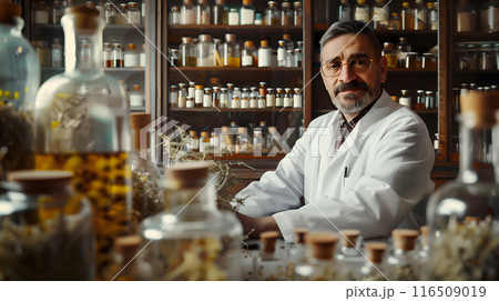 a homeopath works in his laboratory, there are jars of medicines and pills on the shelves, a pharmacy, AI generated a homeopath works in his laboratory, there are jars of medicines and pills on the shelves, a pharmacy, AI generated 116509019