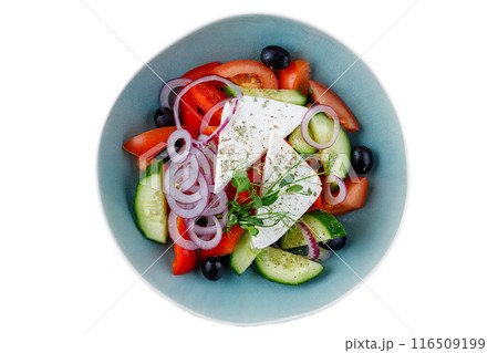 Top Selling, Best Salad with Vegetables and Feta Cheese on a White Background, Isolate, For Menu Top Selling, Best Salad with Vegetables and Feta Cheese on a White Background, Isolate, For Menu 116509199